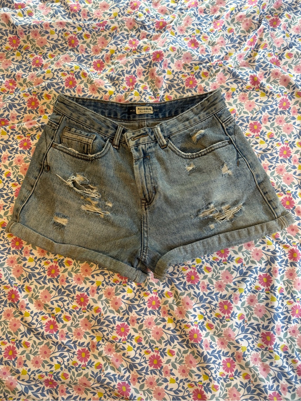 Pull&Bear Medium Blue Distressed Rolled Hem Denim Shorts